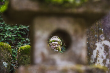 Serene moss-covered Buddha statue partially visible through a stone frame in a lush Japanese garden.  Find inner peace with this captivating image.