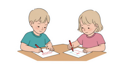 Happy children drawing and coloring together with crayons