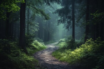 Obraz premium The atmosphere is one of a dreamy, foggy, and dark forest, with a trail that winds through a moody landscape, evoking an alone and creepy feeling in the woods
