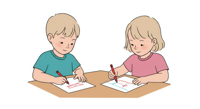 Happy children drawing and coloring together with crayons - Powered by Adobe