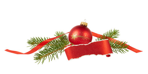 christmas fir tree decoration ornament with red ribbon, ball and banner copy space isolated on...
