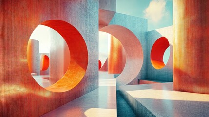 3D geometric shapes with textured surfaces in abstract composition, modern digital sculpture design with depth and light