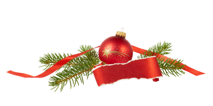 christmas fir tree decoration ornament with red ribbon, ball and banner copy space isolated on white or transparent png