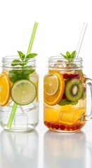 Fototapeta premium Refreshing mason jar drinks with citrus fruits and berries