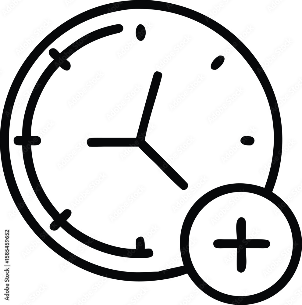 Poster clock icon with plus sign in line art style for design