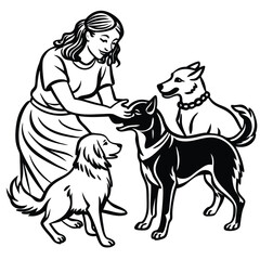 Women Bonding with Their Canine Companions in Sketchy Outline