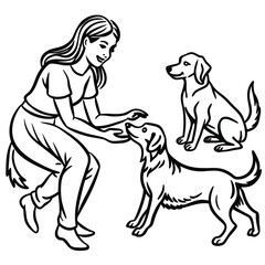 Women and Dogs Engaged in Playful Silhouette Sketch against White Background