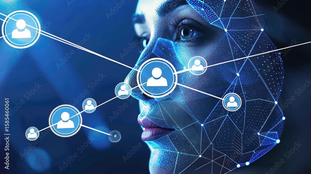 Poster exploring the future of facial recognition technology with digital features and advanced graphics