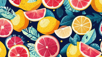 Abstract geometric citrus fruit pattern with vibrant colors, playful vector background inspired by fresh sliced lemons