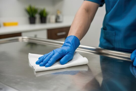 doctor hand clean vet table with cloth. veterinarian hygiene practice