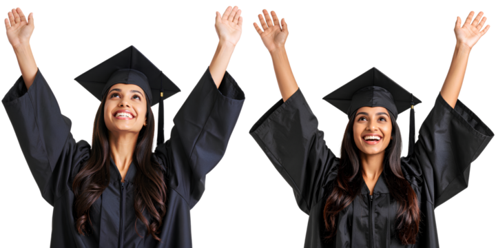 Set of Excited Indian Female Graduate Celebrating with Arms Raised, Convocation Robe, Transparent Background PNG