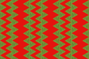 Seamless Christmas zigzag pattern with green triangle shapes and texture on red background, festive geometric textile design