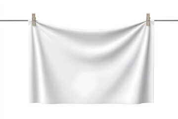 Hanging White Fabric Cloth on Line with Clothespins Mockup. Mock up promotion information for marketing announcements and details, blank white space.