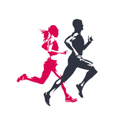 Marathon run, running people man and woman. Run logo, isolated vector silhouette
