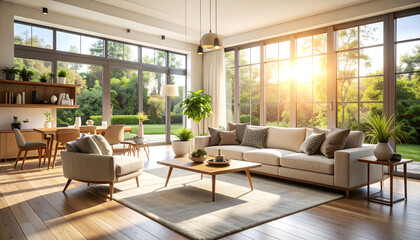 Fototapeta premium Bright Modern Living Room Interior with Sunlight Streaming Through Large Windows