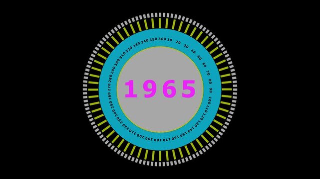 Retro 1965 Year Number Display with Circular Gauge and Degree Markings on Black Background
