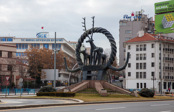 Turkey - February 27 ,2022:The "sun disk monument with a deer figure" built in Ankara's Sıhhiye Square Turkey