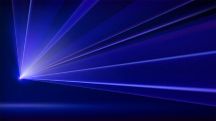 Laser light show. Bright led laser beams, dj light party. Illuminated blue stage, led strobe lights. Background, backdrop for displaying products. Vector illustration