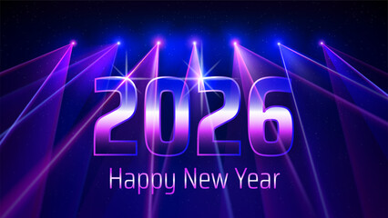Happy New Year 2026, 26. New Year greeting card. Numbers 2026 on the background of blue magenta laser beams on the stage. Futuristic technological design. Vector illustration