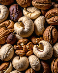 Close-up shot of mixed nuts, featuring a variety of textures and shapes including cashews, walnuts, pecans, and almonds