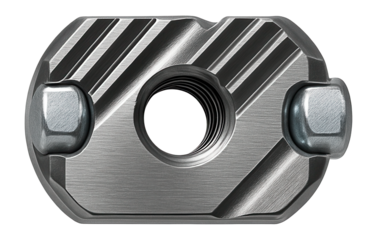 Security nut with an asymmetrical groove pattern for rail infrastructure.