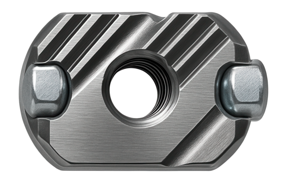 Security nut with an asymmetrical groove pattern for rail infrastructure.