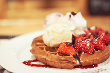 Strawberry Waffle with Ice Cream and Whipped Cream