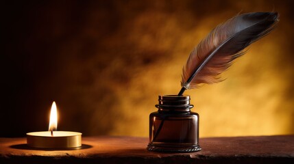 Rustic still-life scene with a lit candle in a metallic holder, warm glow, antique glass inkwell, dark quill pen, vintage wooden surface, cozy nostalgic ambiance.