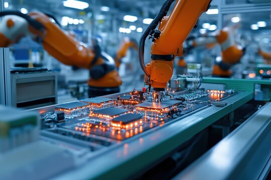 A high-tech factory in Shenzhen, with robotic arms assembling electronics on a production line