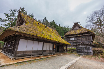 Traditional Gassho-style farmhouses with moss-covered thatched roofs in Shirakawa-go, Japan.  A UNESCO World Heritage site, these unique structures showcase remarkable architecture.