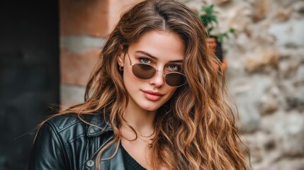 Woman with wavy brown hair wearing sunglasses and a leather jacket outdoors