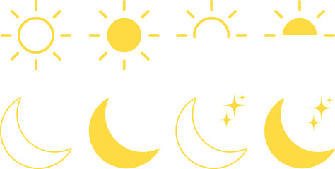 Sun and moon icons set. Screen brightness and contrast level signs. Day and Night icon symbol
