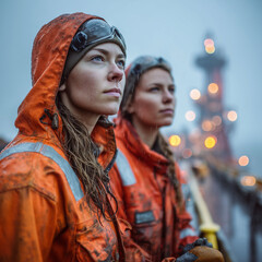 Two women in orange jackets are standing next to each other, one of them holding a yellow object. The scene has a moody and somewhat ominous feel