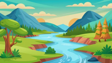 Fotobehang Vector art of as the sun sets, a tranquil river flows through a valley of green hills and distant mountains, casting warm hues across the cartoon landscape © Design one