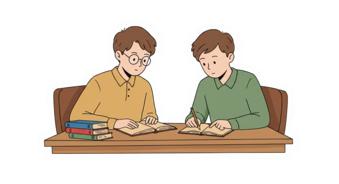 Two Young Students Studying Together at a Desk with Books