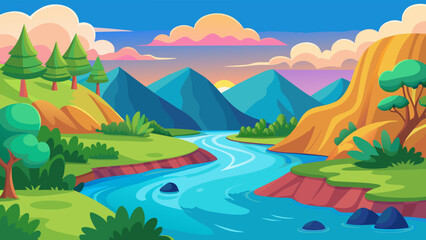 Vector art of a tranquil river winds through a picturesque valley at sunset, with colorful clouds illuminating the majestic mountains