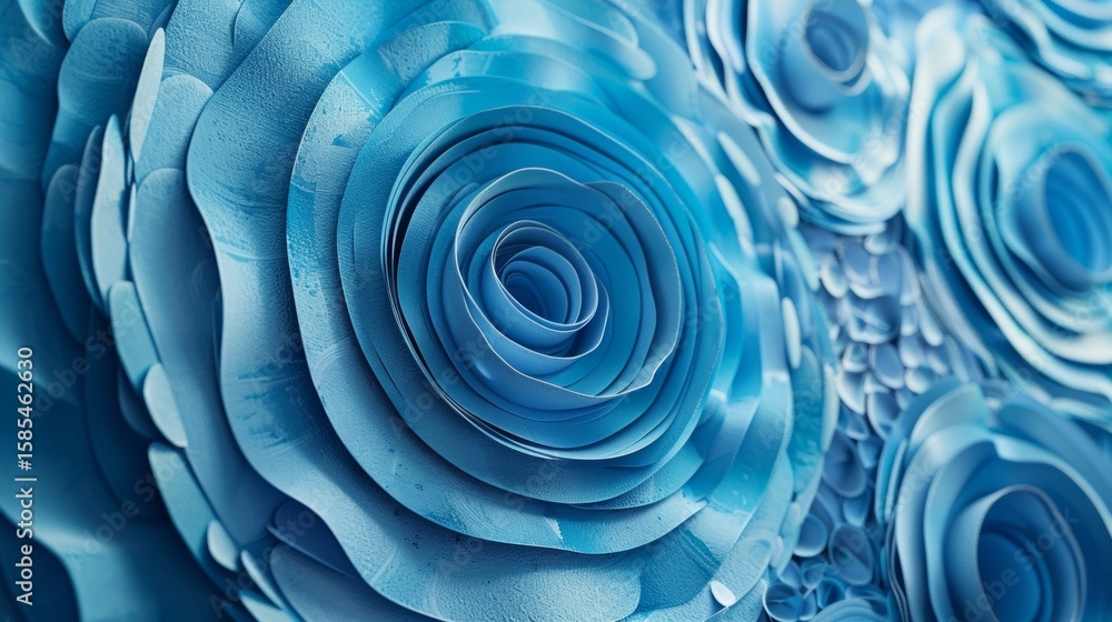 Poster layers of concentric circles each in a different hue of blue come together to form a visually stunni