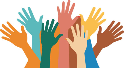 Colorful vector illustration of diverse raised hands, perfect for themes of charity, volunteering, and group unity