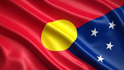 A visually striking flag design featuring a diagonal split of red and blue with three seven-pointed white stars on the blue side and a central yellow circle enclosing a red dot—blending abstract symbo