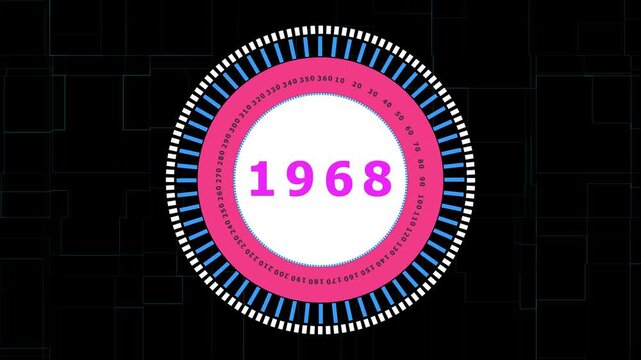 Retro 1968 Year Number Display with Circular Gauge and Futuristic Grid Background