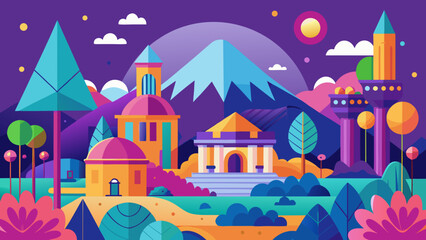Naklejka premium Vector art of a whimsical and colorful cityscape with fantastical buildings and mountains under a vibrant purple sky with clouds and a sun