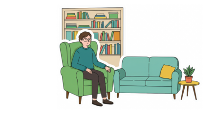 Person Relaxing in Cozy Interior with Bookshelf and Sofa Illustration