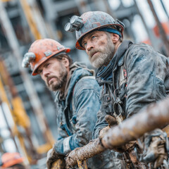 Two men wearing hard hats and dirty clothes are standing next to each other. They are looking at something in the distance