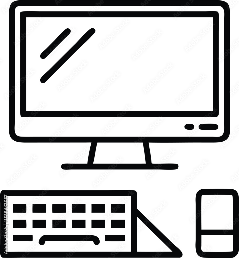 Poster computer desktop setup with monitor, keyboard, and mouse in doodle style