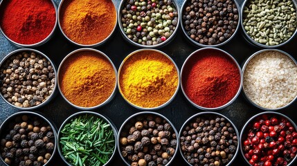 Assorted spices in small metal tins arranged in grid, colorful cooking ingredient flatlay for food styling or recipes