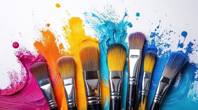 Assorted paint brushes with splashes of colorful paint on white background, creative art supplies for design projects