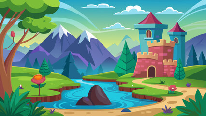 Fototapeta premium Vector art of a fairytale landscape illustration featuring a majestic castle with towers by a winding river, surrounded by lush green hills, trees, and snowcapped mountains under a sunny sky