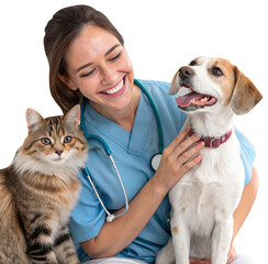 smiling vet doctor with dog pet and fluffy cat