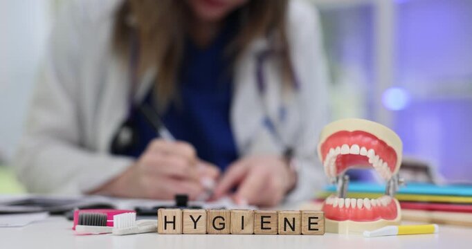 Word Hygiene on wooden cubes and human jaws model against writing doctor in clinic. Woman dentist documents patient details at desk at appointment