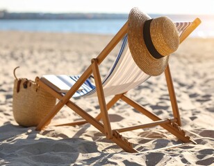 Drewniany leżak z paskowanym materiałem stoi na piasku blisko linii brzegowej. Obok książka, nap&oacute;j, kapelusz. Słońce rzuca wyraźny cień. Idealna scena relaksu.